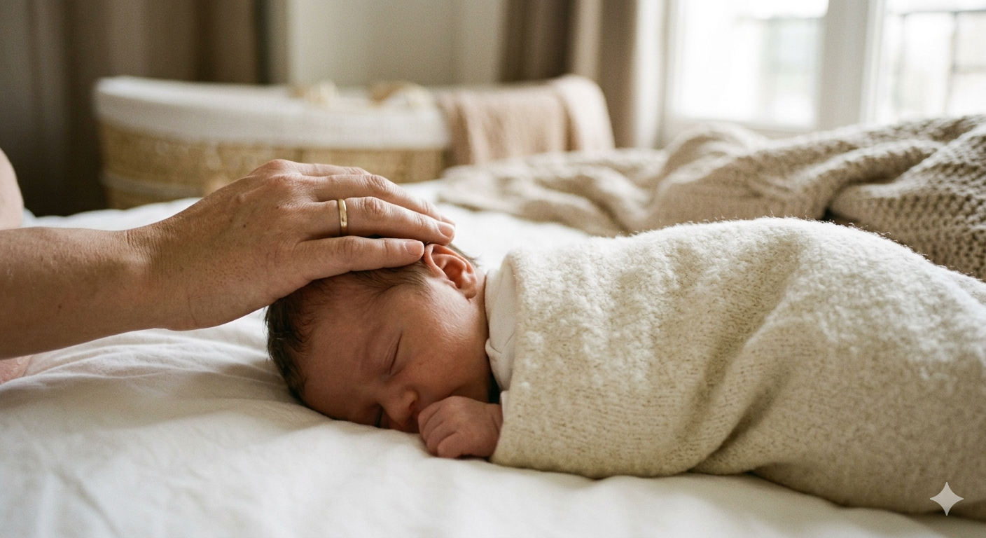 Mains d'un parent tenant doucement la tête d'un nouveau-né
