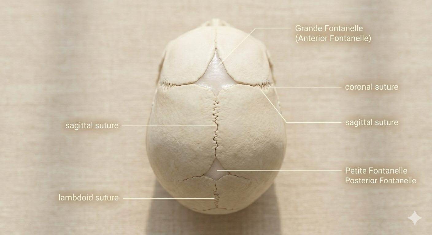 Schéma anatomique du crâne de nourrisson avec fontanelles et sutures visibles