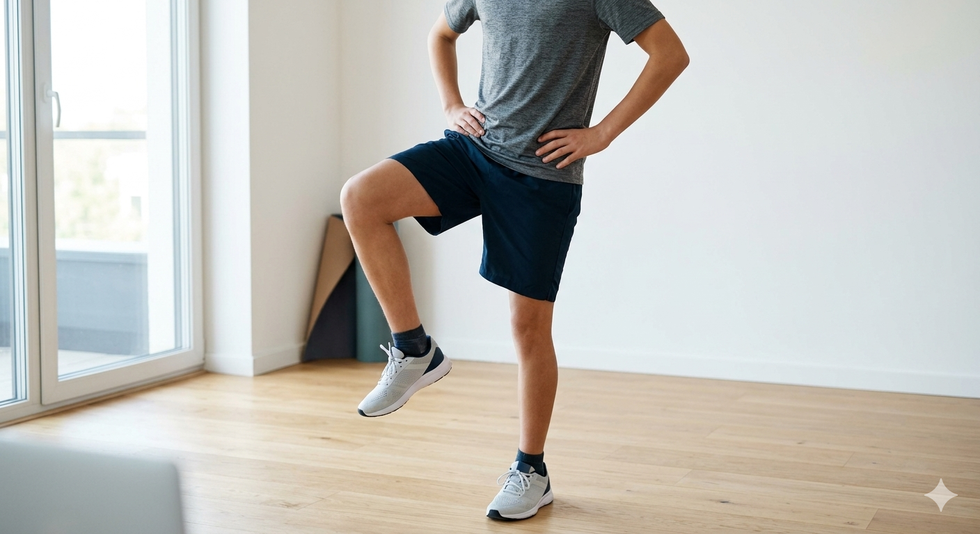 Adolescent en échauffement, mobilisation dynamique des hanches