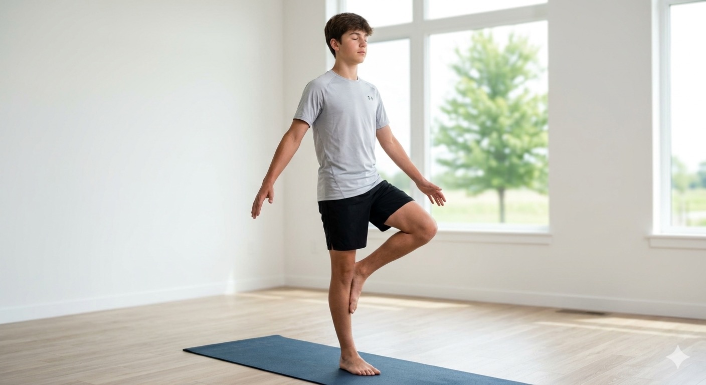 Adolescent en équilibre sur une jambe, yeux fermés, exercice de proprioception