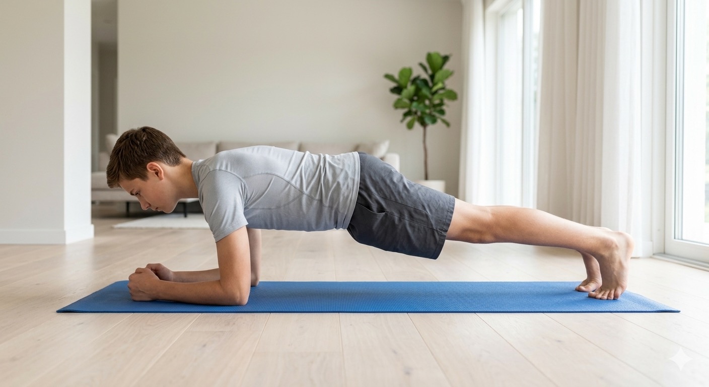Adolescent en position de gainage facial, posture correcte