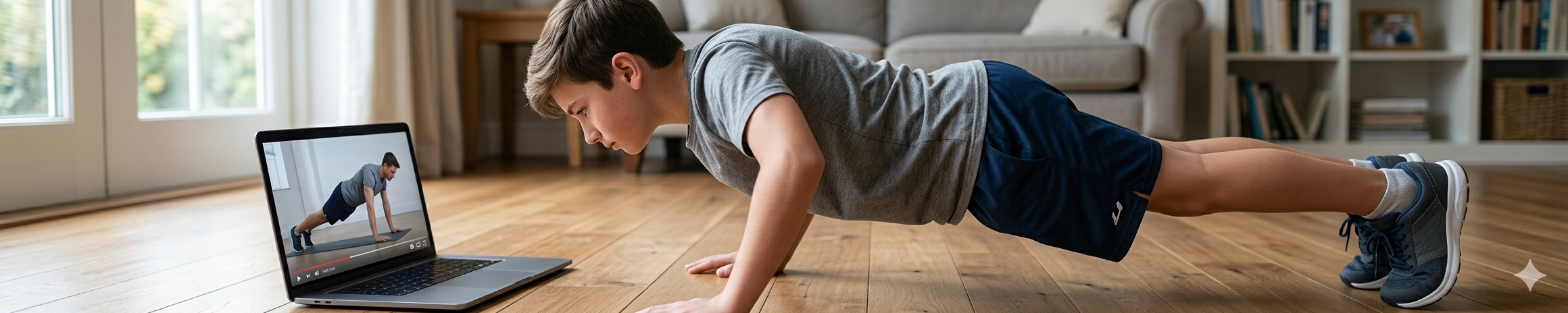 Adolescent reproduisant un exercice adult depuis une vidéo, mauvaise posture lombaire