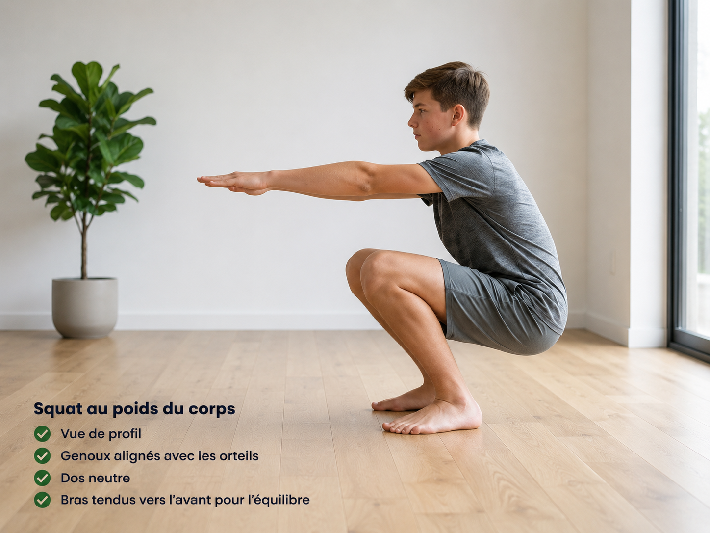 Adolescent de profil en position basse de squat, technique correcte, dos neutre