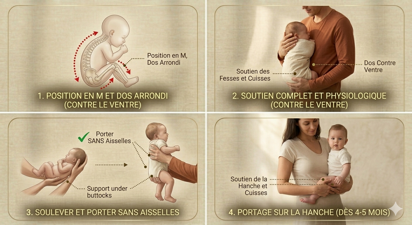 Bébé dans les bras, dos contre le ventre du parent
