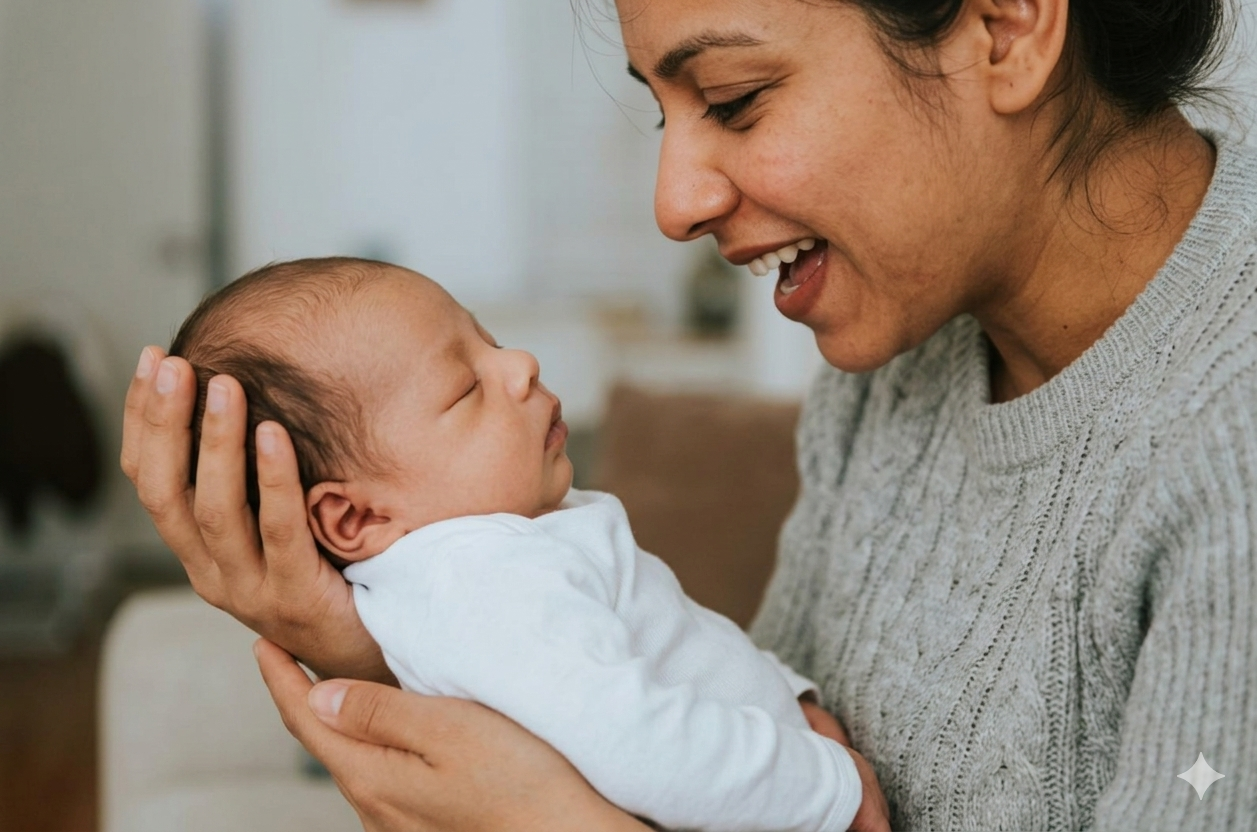 Bonne prise : la tête de bébé empaumée dans toute la main, dos arrondi