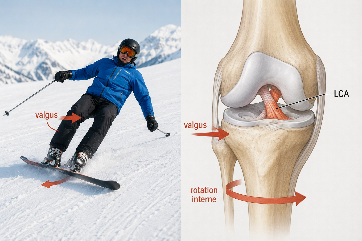 Schéma illustrant le mécanisme de chute et les zones vulnérables en ski alpin