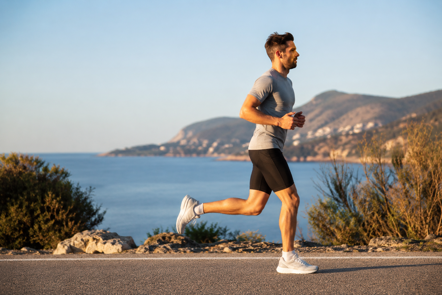 Coureur en chaussures de running sur route, vue latérale, lumière naturelle, Côte d'Azur