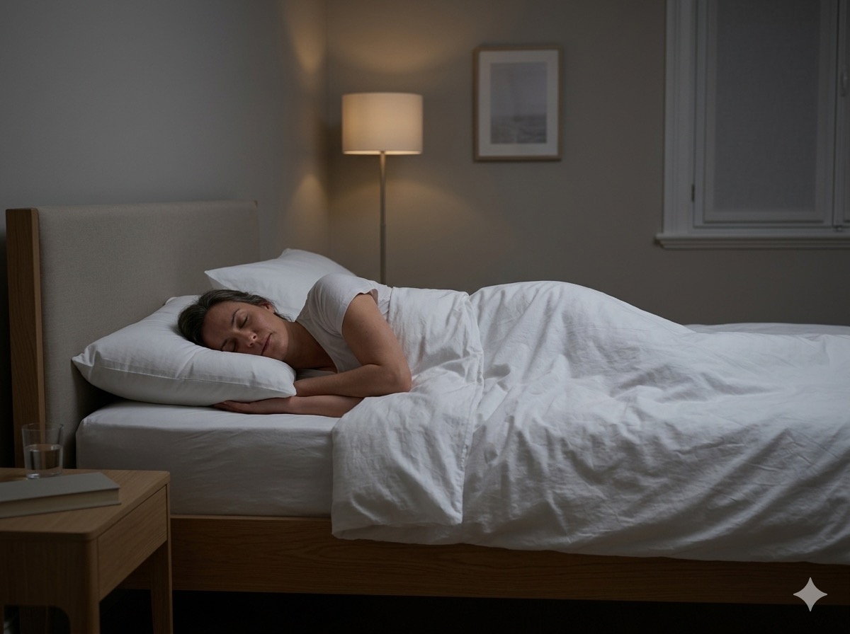 Position de sommeil sur le côté, genoux fléchis, oreiller adapté