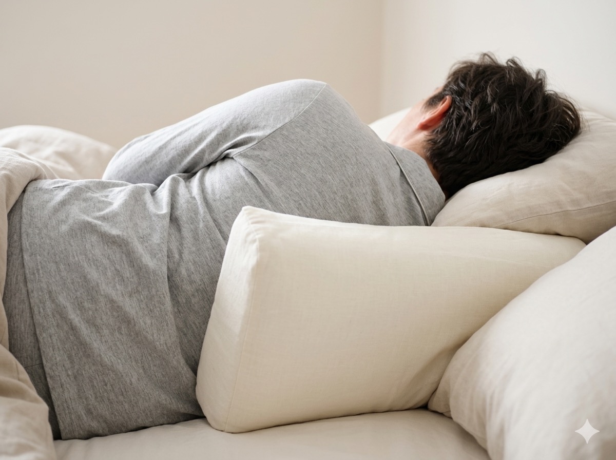 Coussin placé dans le dos pour éviter le retournement sur le ventre