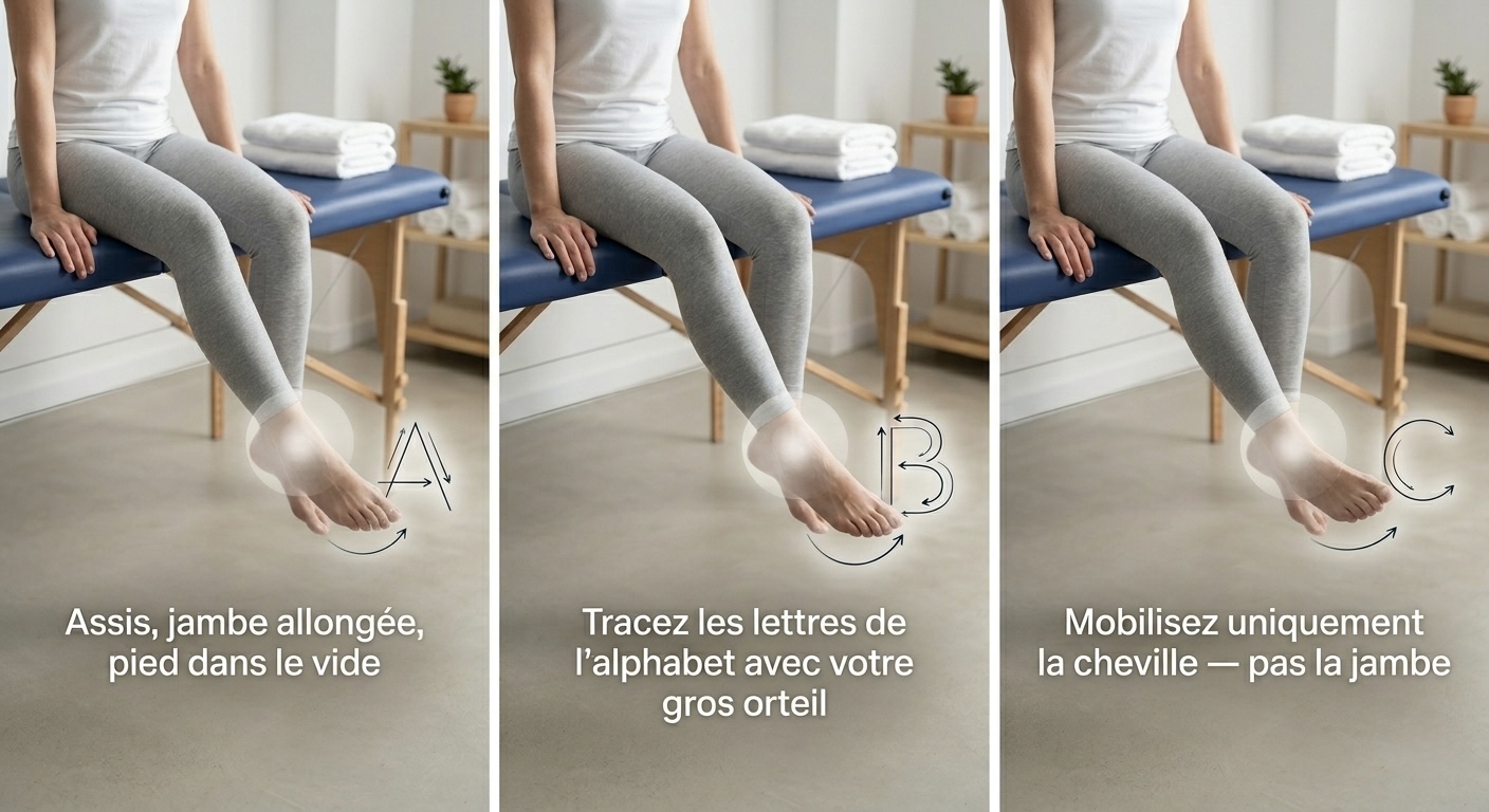 Exercice alphabet de la cheville en position assise pour périostite tibiale — mobilité sans impact