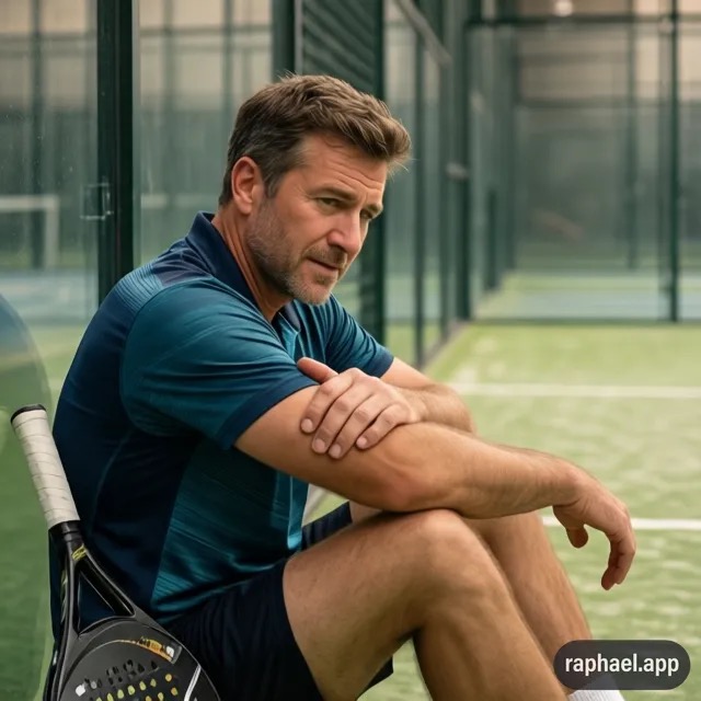 Joueur de padel tenant son coude douloureux en bord de court après une session de jeu
