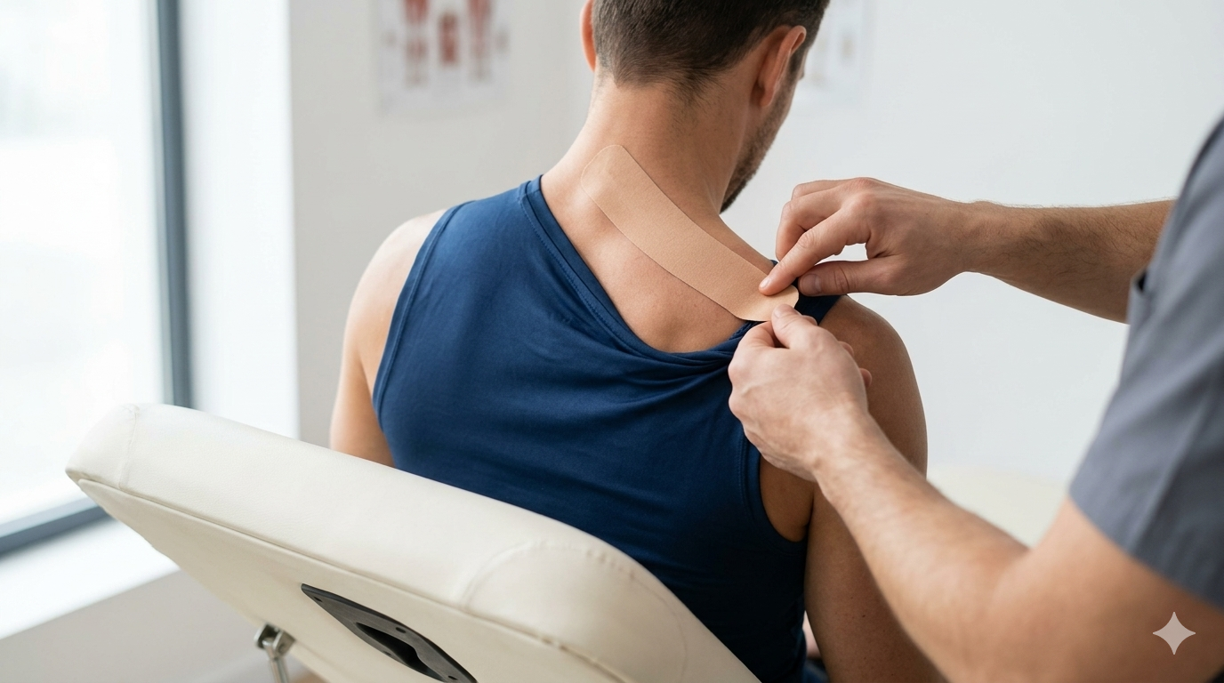 Pose de kinesio taping sur épaule d'un sportif