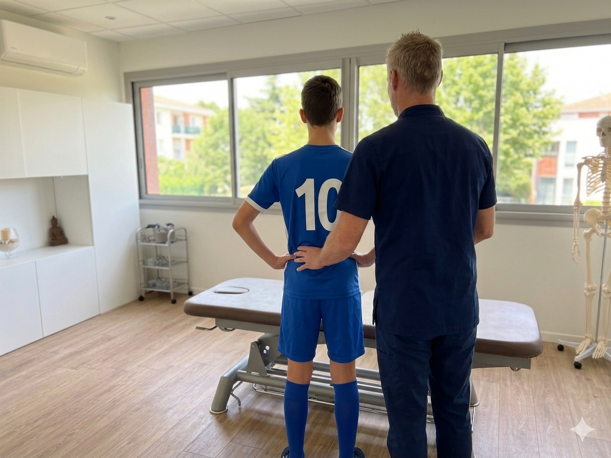 ostéopathe réalisant un bilan postural sur un adolescent sportif en cabinet