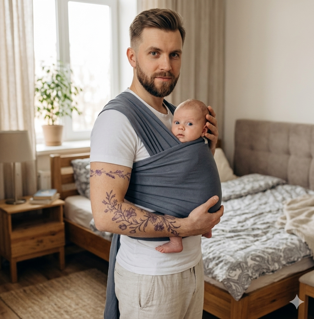 Parent portant un nouveau-né en écharpe extensible jersey, tissu souple enveloppant