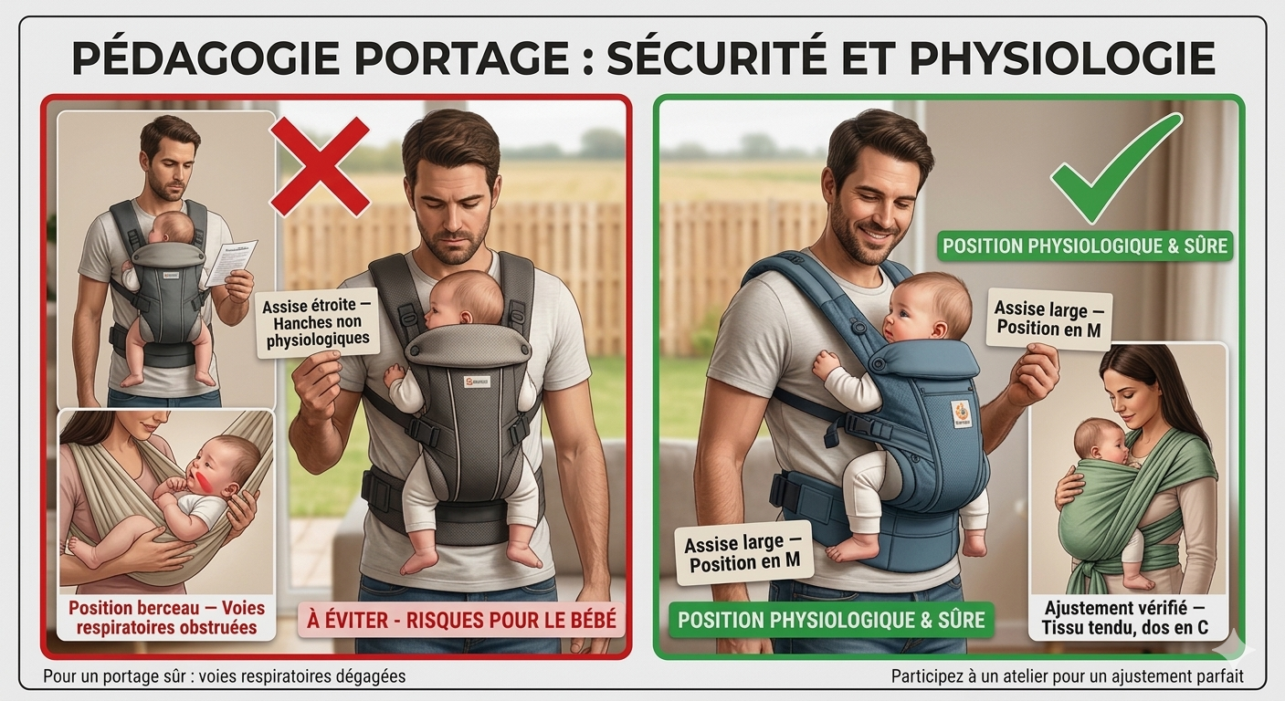 Exemple de porte-bébé classique à assise étroite, jambes pendantes — position non physiologique