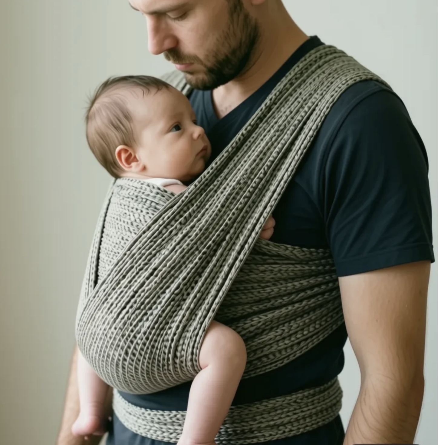 Nouveau-né porté en écharpe face au porteur, tête à hauteur du sternum