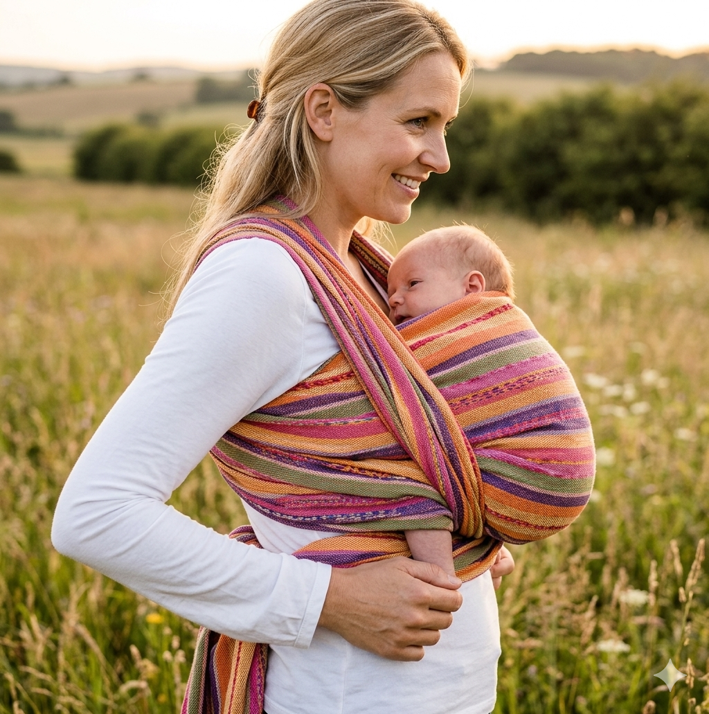 Dos du bébé arrondi en C dans une écharpe de portage, vue de profil