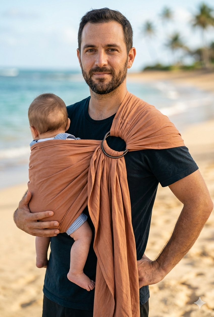Écharpe sling à anneau portée en bandoulière, bébé installé sur la hanche du parent