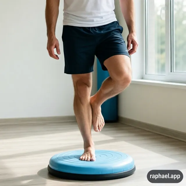 Équilibre unipodal sur plan instable — rééducation genou ski